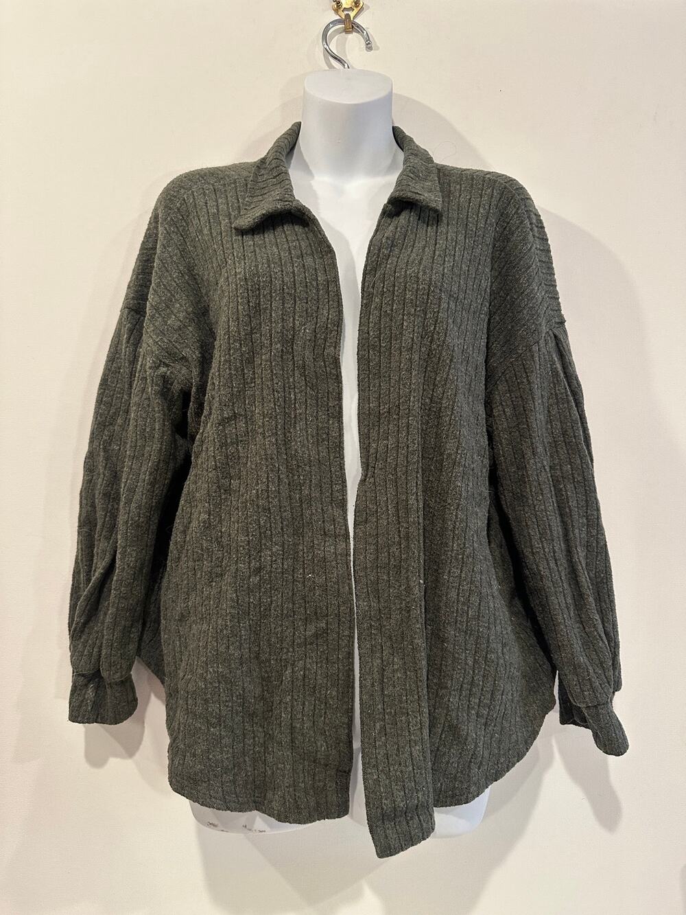 Vintage Beacon River Olive Green Ribbed Knit Collared Cardigan Sweater M
